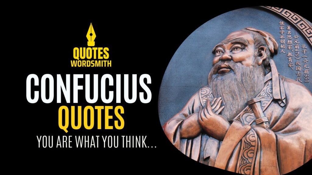 Confucius-Quotes-by-quoteswordsmith designed with black background having white and golden font with Confucius image with confucius quote